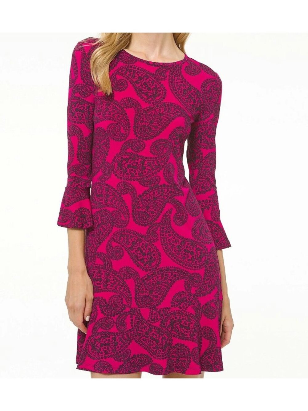 Michael Kors Paisley Flounce Dress Size S Pink Magenta Black Bell Sleeve Azalea